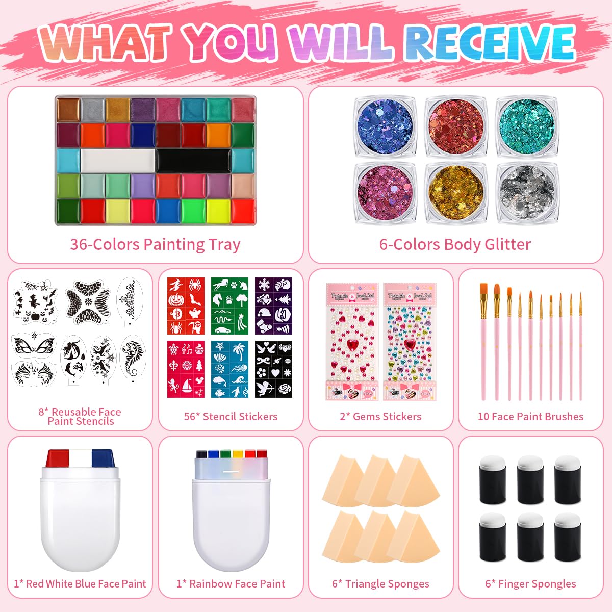 Face Painting Kit Professional Face Body Paint Oil Palette 36 Colors Include 8 UV Glow Colors Brushes Glitter Gel Sponges Facepaint Sticks Gems Stickers For Kids and Adult
