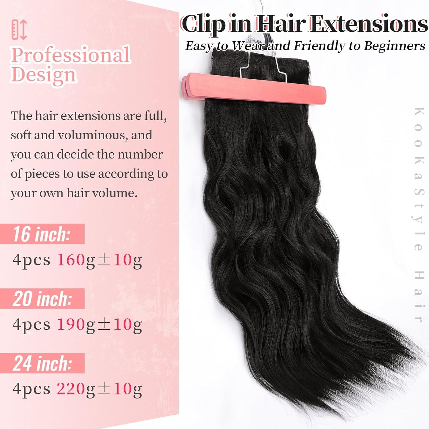 KooKaStyle Clip in Synthetic Hair Extensions Long Wavy 4PCS Thick Hairpieces Brunette Brown Fiber Double Weft Natural Hair Extensions 20 Inch for Women