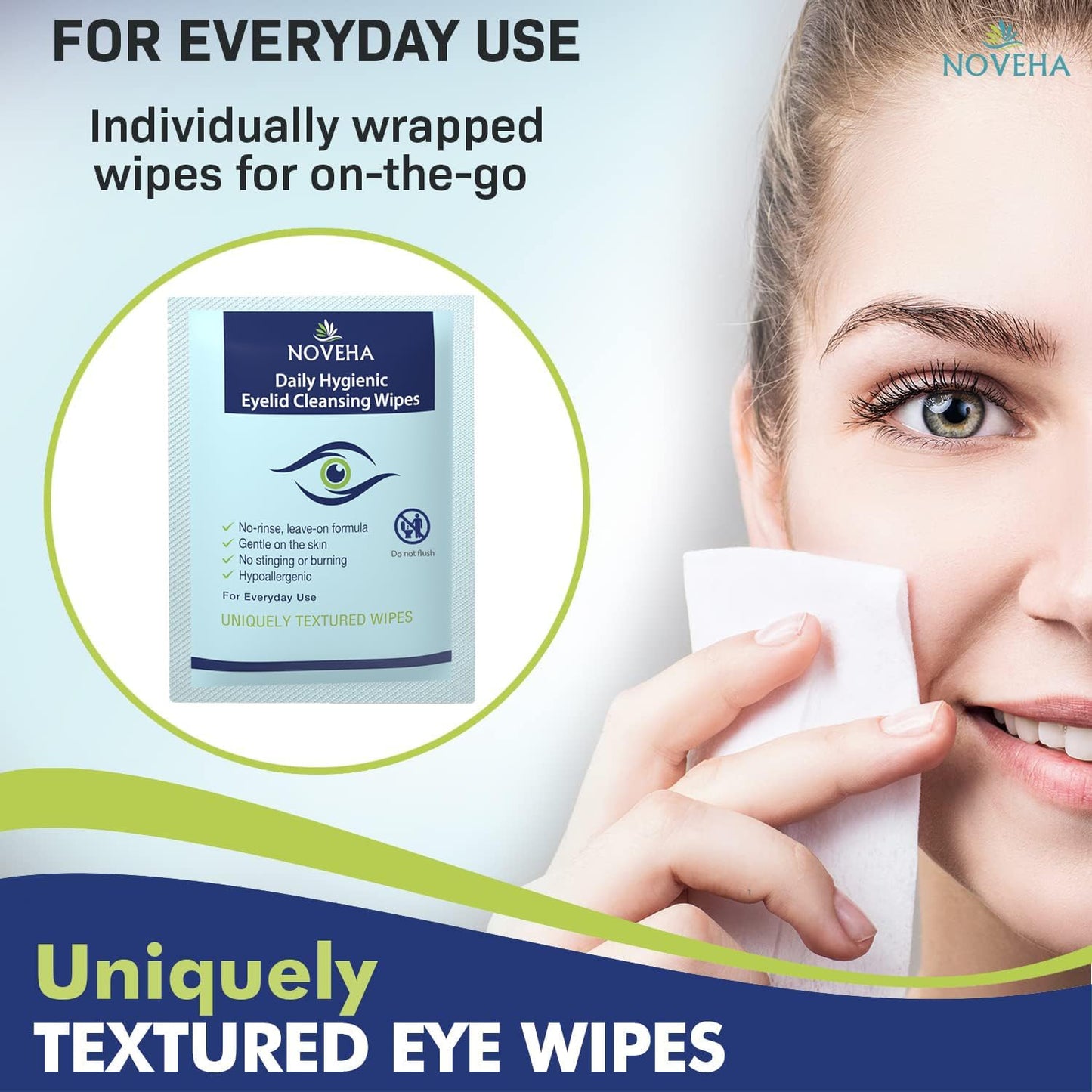 NOVEHA 60PCs Daily Hygienic Eyelid & Lash Wipes | For Blepharitis & Itchy Eyes, Demodex | Individually Wrapped Refreshening Eyelid Wipes, Natural Makeup Remover & Calming Moisturizer