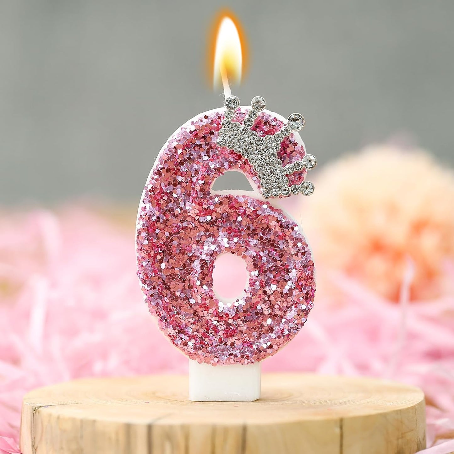 Birthday Number Candles,Pink Crown Birthday Candles for Cake,Glitter Number 6 Candle Cake Topper with Sequins for Girls,Women, Anniversary Celebrations Supplies (Pink 6)