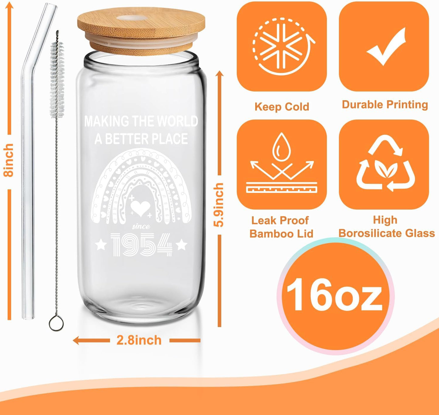 70th Birthday Gifts for Women 70 Year Old Birthday Cups for Her 1954 Birthday Present Happy 70th Birthday Glass Cups with Lids and Straws 70th Birthday Gifts Ideas Anniversary Party 16 Oz Can Glass