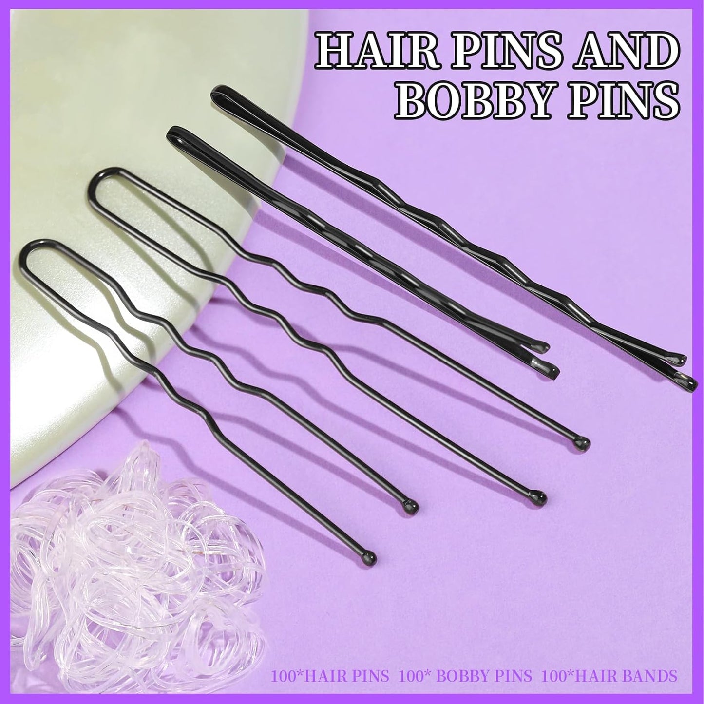 Teenitor 300pcs Hair Pins - Black Bobby Pins, Hair Bands Kit with U Pins for Buns & Bobby Pins in 2" & 2.75" Sizes