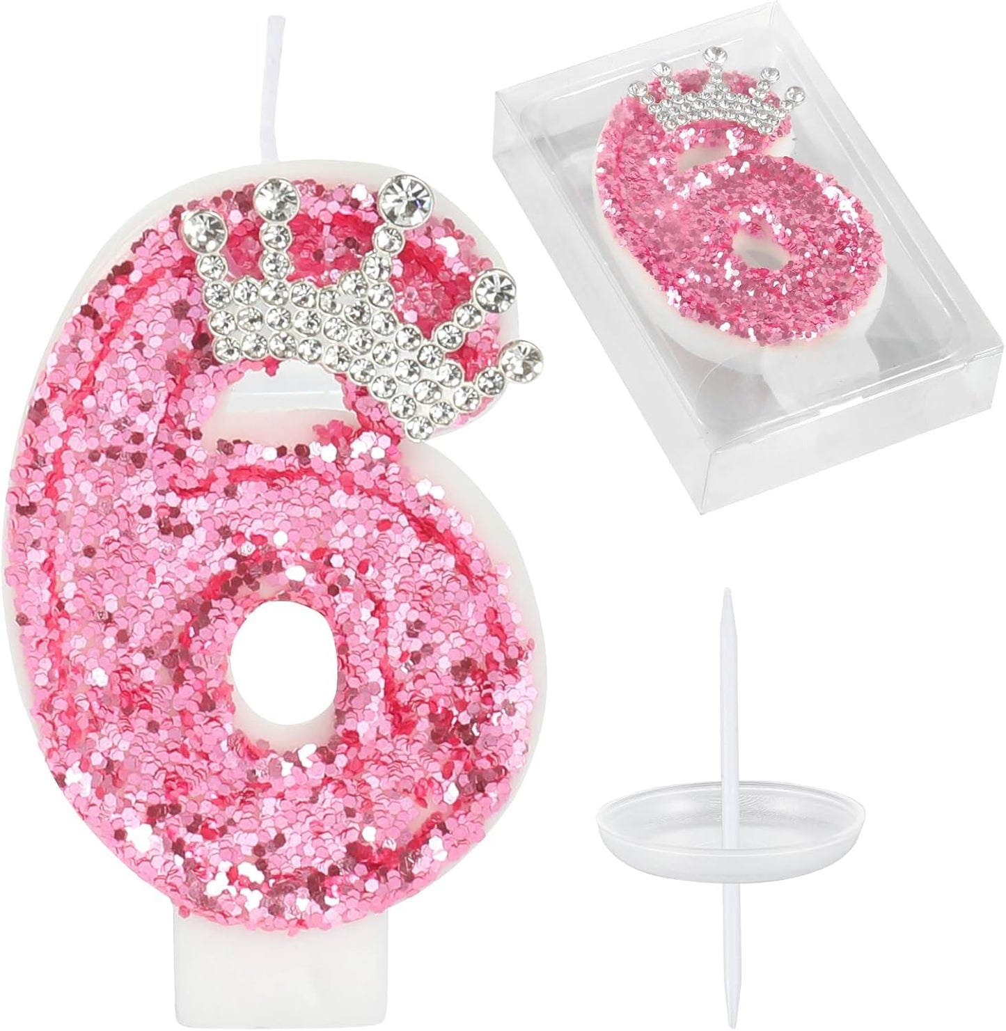 Birthday Number Candles,Pink Crown Birthday Candles for Cake,Glitter Number 6 Candle Cake Topper with Sequins for Girls,Women, Anniversary Celebrations Supplies (Pink 6)