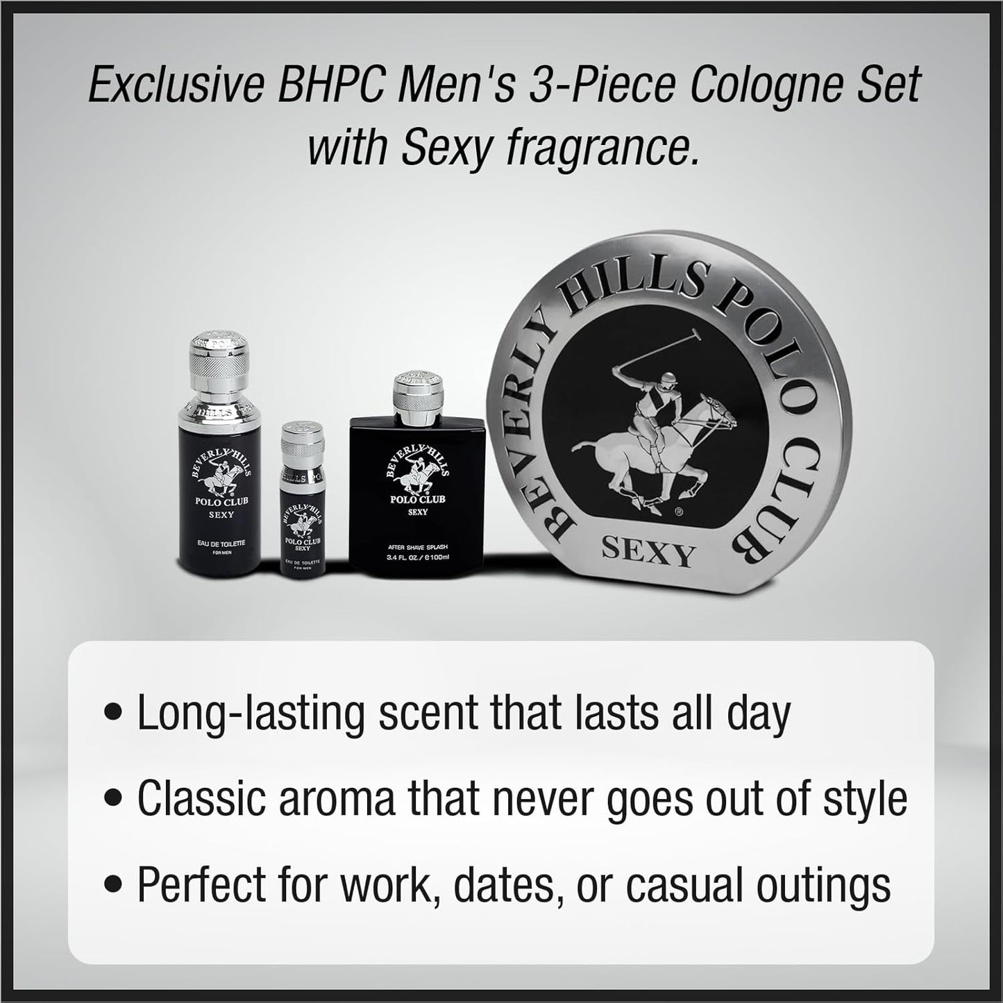 Beverly Hills Polo Club BHPC Men's 3 Piece Cologne Gift Set - Sexy Scent Eau de Toilette & After Shave - Premium Long-Lasting Fragrance for Him in Collectible Tin