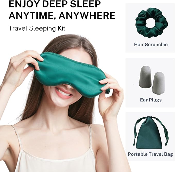 Silk Satin Sleeping Eye Mask, Dark Green Sleep Eye Mask Night Blindfold for Women and Men, Soft Breathable Blackout Eyeshade Eye Cover for Travel, Wedding Bridesmaid Gift