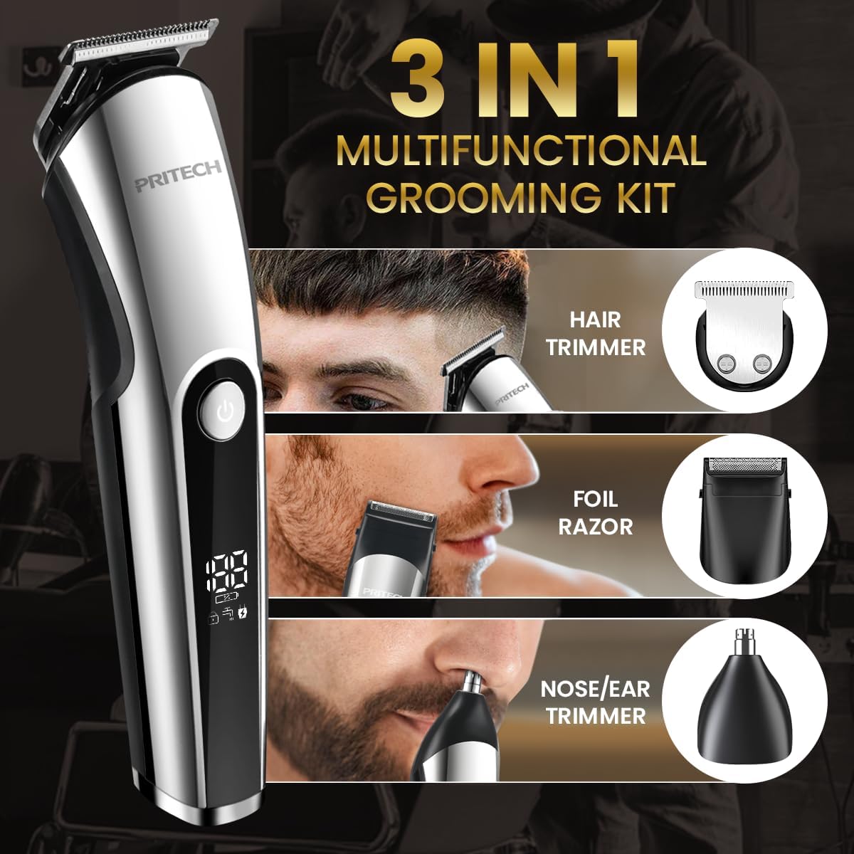 PRITECH Beard Trimmer for Men, 3 in 1 Hair Clippers for Men Kit, Nose,Ear,Micro Electric Shaver, Mens Grooming Set Cordless with LED Display IPX6 Waterproof (Silver)