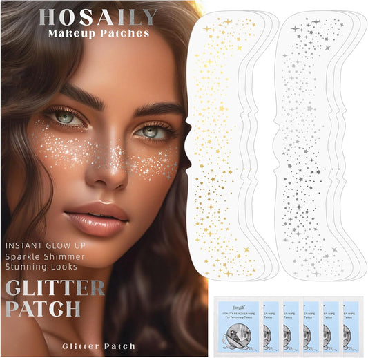 6 PCS Glitter Freckles Face Tattoo, Gold&Silver Waterproof Face Sparkle Glitter Speckles Patches for Women, Cute Star Metallic Glitter Temporary Tattoo Makeup Accessories for Festival #Set A