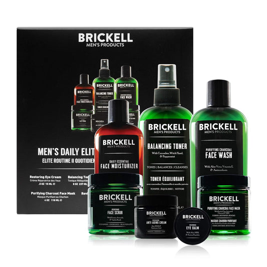 Brickell Men's Daily Elite Face Care Routine II, Toner, Charcoal Facial Wash, Face Scrub, Anti-Aging Night Cream, Eye Cream, Charcoal Mask and Moisturizer, Natural and Organic, Scented