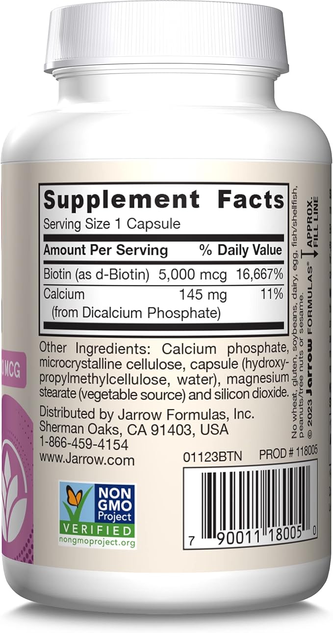 Jarrow Formulas Biotin Ultra Strength 5000 mcg, Dietary Supplement, Hair, Skin, and Nails Support, 100 Veggie Capsules, Up to 100 Day Supply