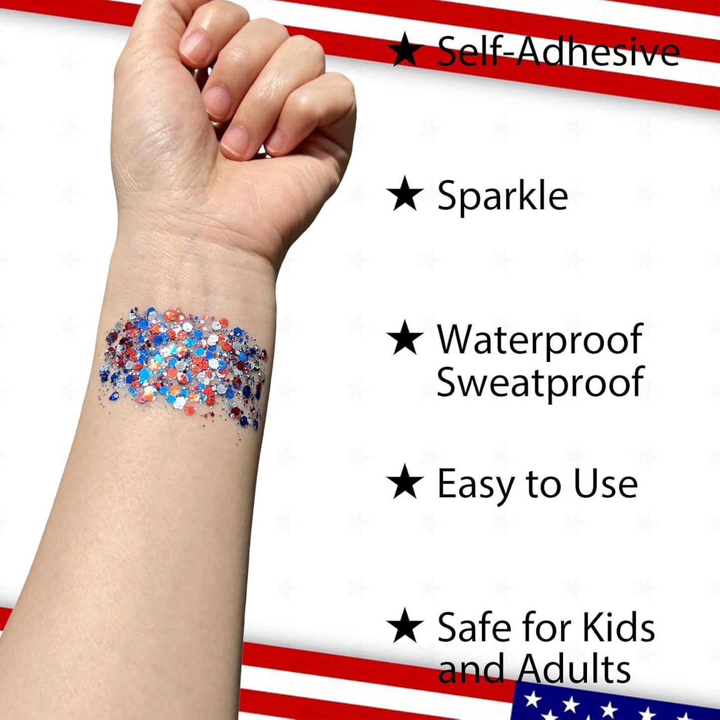 Mysense Patriotic USA Flag Face Hair Glitter for Independence Day Memorial Day Veterans Day, 4th of July Outfits and Accessories for Women Kids, 08# Red White and Blue Glitter Stick, 0.56oz