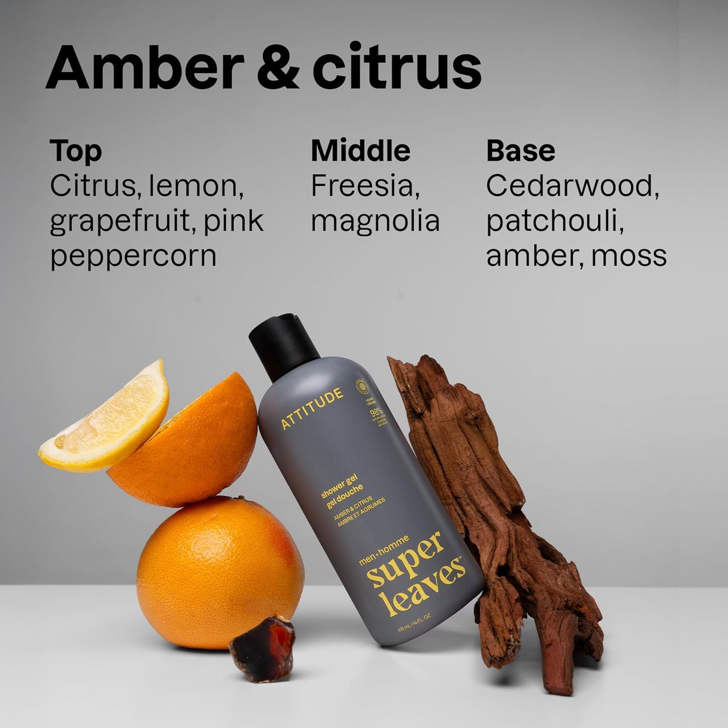 ATTITUDE Shower Gel Body Wash for Men, 98% Natural Origin Ingredients, Paraben & Phthalate Free, EWG Verified, Cleanses Without Drying, Amber & Citrus, 14 Fl Oz