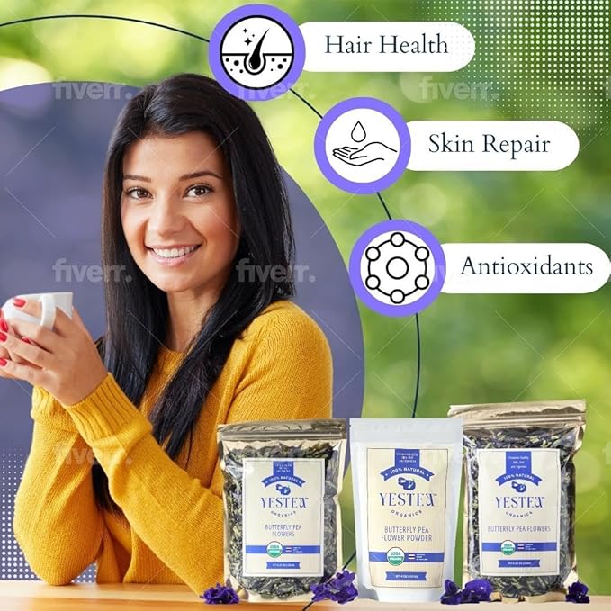 YESTEA 100% Organic Butterfly Pea Flower 4.41 oz (375+ Cups) Small-Batch and Handpicked from Thailand - Non GMO Rich in Antioxidants, Caffeine Free, Vegan, and Gluten Free (4.41 Oz)