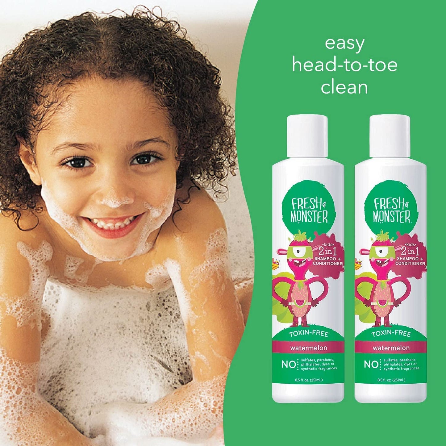 Fresh Monster 2-in-1 Shampoo & Body Wash, Toxin-Free, Hypoallergenic, Natural for Children, Watermelon - 2 Pack, 8.5oz/Each