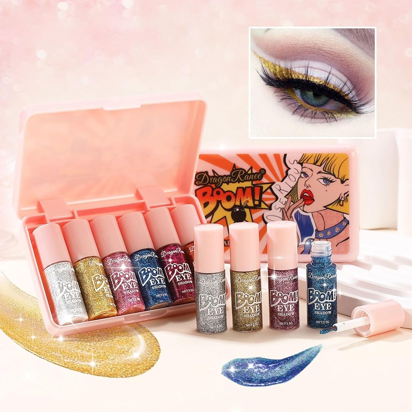 6 Pcs Liquid Glitter Eyeshadow Set Colorful Eyeliner with Long-Lasting and Waterproof Shinning Eye Shadow Gift for Women Eye Makeup (Boom Bomb)