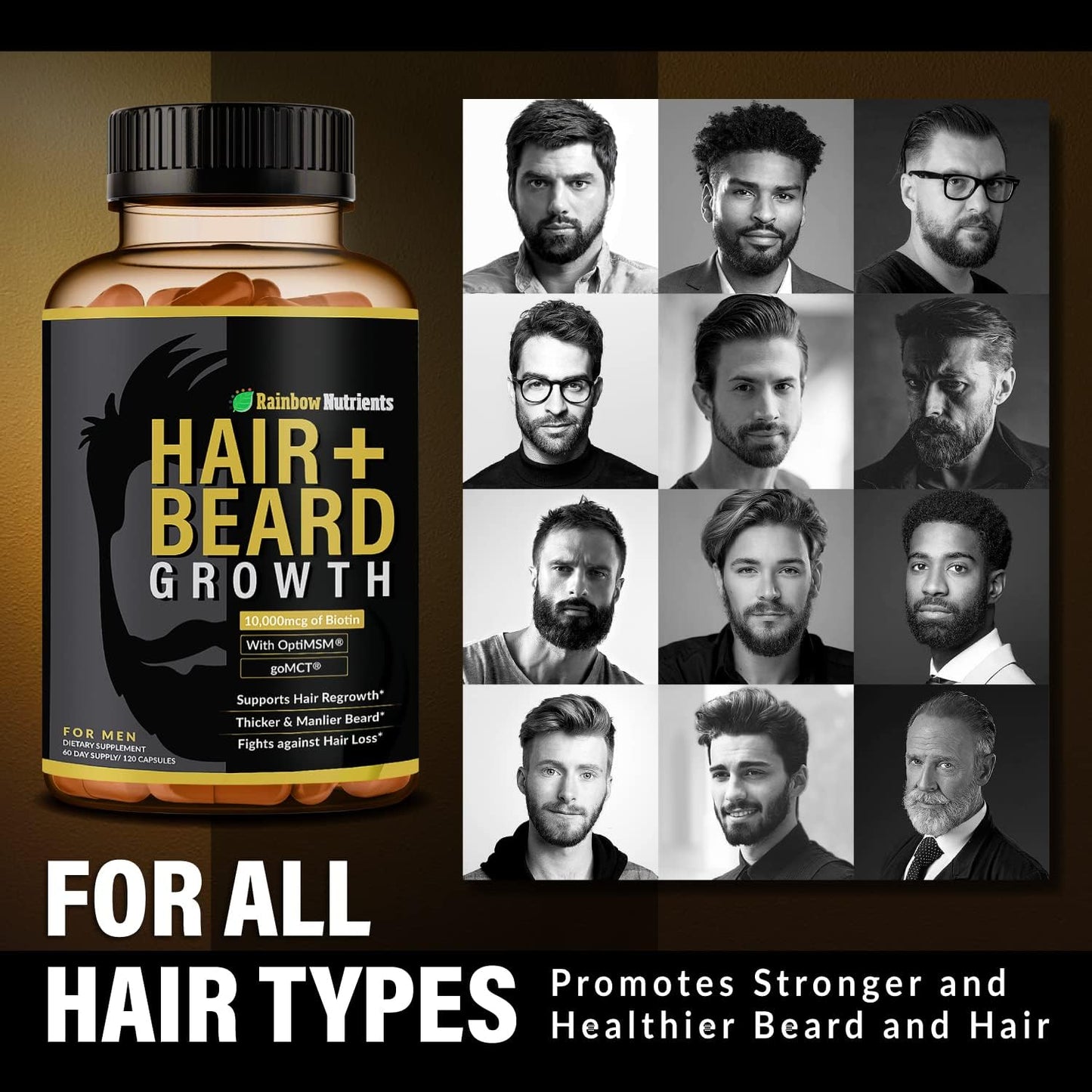 Hair + Beard Growth Vitamins for Men | Biotin 10,000mcg, Collagen, Patented OptiMSM®, goMCT®, Saw Palmetto | 60 Day Supply | Naturally Regrow Stronger, Thicker, Healthier Hair & Stops Hair Los