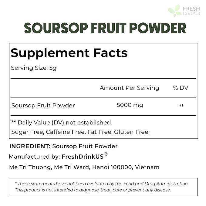 FreshDrinkUS, Premium 1oz Soursop Fruit Powder, 100% Natural and Pure from Soursop Graviola Fruit, Soursop Fruit Tea, No Additives, No Gluten, No Sugar, Vegan, Guanabana Powder, Handmade Product