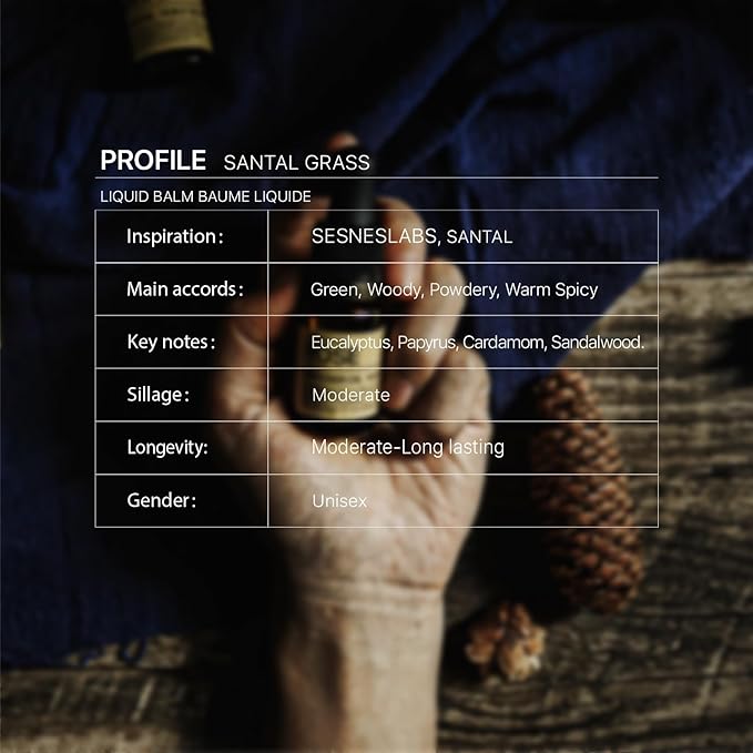 Santal Grass Roll-On, Perfume, Alcohol Free, Olfactive Marker, Niche Scent, Eucalyptus, Papyrus, Cardamom, Sandalwood Essential Oils Blend, Unisex Perfum for Women and Men 10ml/.33 fl Oz