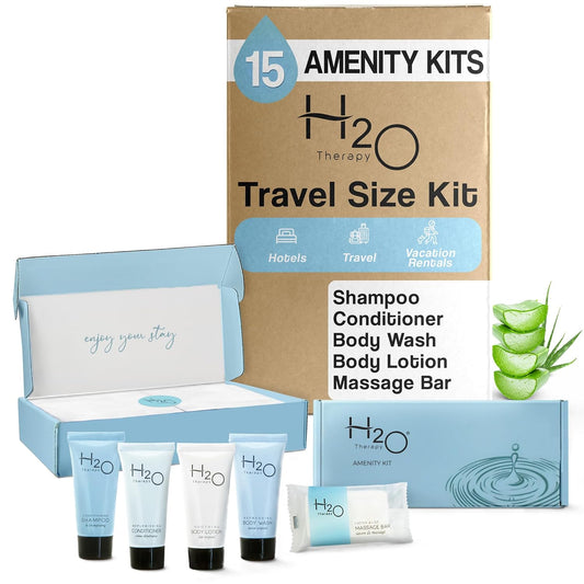 H2O Therapy Amenity Kit | Hotel Bulk Toiletries | 0.85 oz Shampoo, Conditioner, Lotion, Body Wash, Body Bar Soap for Guest Hospitality Vacation Rentals | 15 Sets/Case