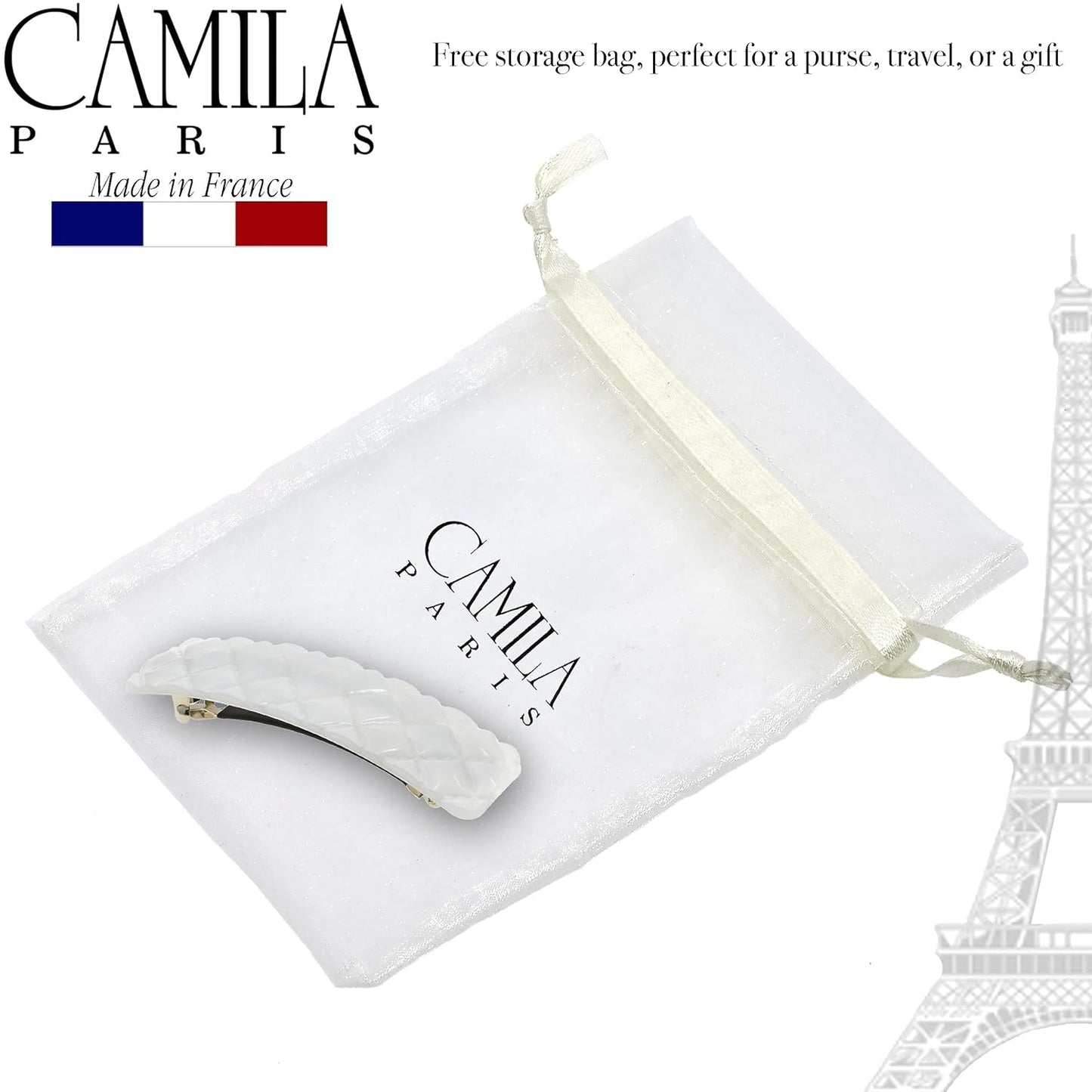 Camila Paris CP3248 French Hair Barrette Clip for Girls, White Shell, Rubberized Metal Closure Strong Hold Grip Hair Clips for Women, No Slip Durable Styling Girls Hair Accessories, Made in France