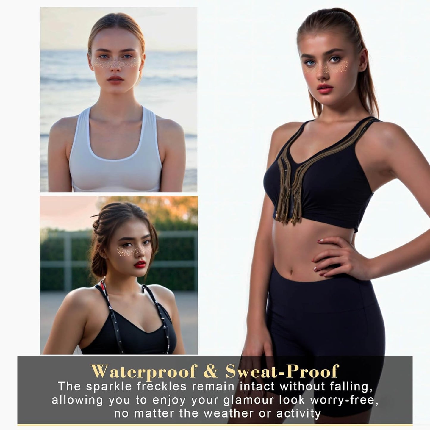 MEICOLY Gold Glitter Freckles Face Tattoo,St Patricks Day Face Glitter,Sparkle Freckles for Women Kids,Sparkle Makeup Patches,6Pcs