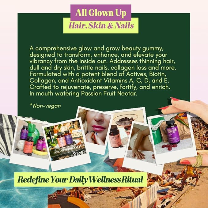 All Glown Up Advanced Beauty Complex Glow and Grow Gummies with Biotin, Collagen, and Antioxidant Vitamins A, C, and E for Hair, Skin, and Nails.