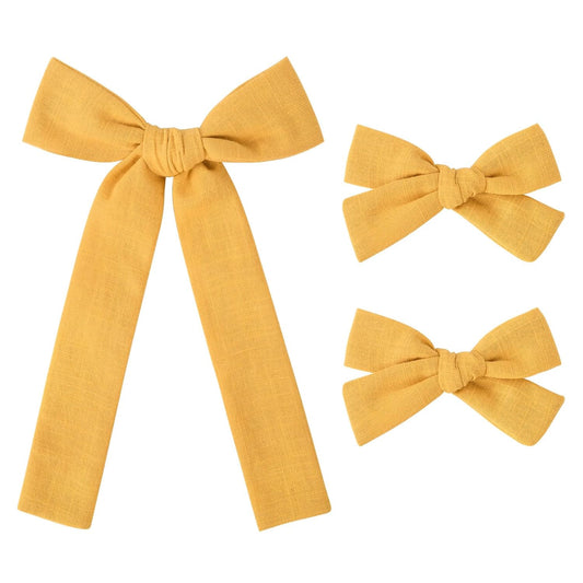 DEEKA Yellow Cotton Linen Hair Bows 2 Sizes 5"&3.5" Soft Hair Bow set for Toddler Girls Long Ponytail Knot Bows Alligator Clip Hair Accessories for Little School Girls (Ginger Yellow)