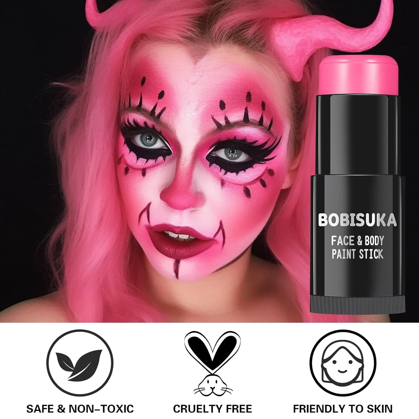 BOBISUKA Pink Face Body Paint Stick, Waterproof Pink Eye Black Sticks for Sports, Face Painting Kit for Halloween Makeup SFX Cosplay Special Effects Costume Parties Stage