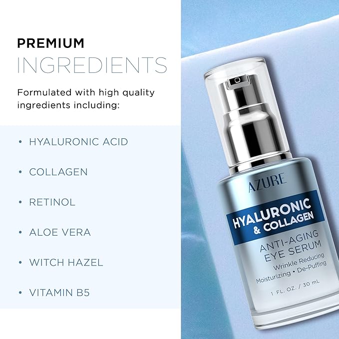 AZURE Hyaluronic & Collagen Anti Aging Eye Serum - Moisturizing, Replenishing & De-Puffing | Reduces Wrinkles, Fine Lines & Under Eye Bags | Locks In Moisture Hydrating Skin | Made in Korea - 30mL