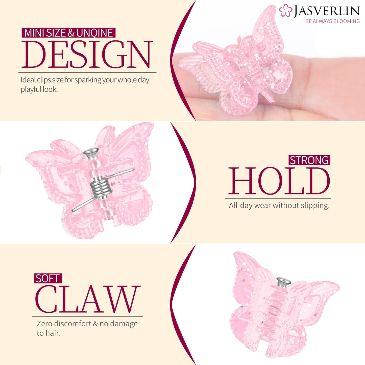 Glitter Mini Butterfly Hair Claw Clips, Sparkly Colorful Hair Accessories for Girls and Women - 90s Y2K Cute, Small, Tiny Clip in 10 Assorted Colors, Set of 50 (Glitter)