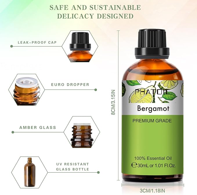Bergamot Essential Oil 1.01fl.oz/30ml, PHATOIL Bergamot Oils Long Lasting Scents for Aromatherapy, Diffuser, DIY Soap and Candle Making