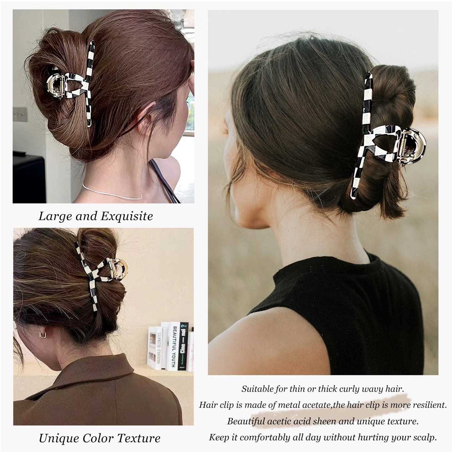FAELBATY Hair Clip, Acetate Metal Claw Clip for Women, Strong Hold Claw for Heavy Hair, Checkerboard Pattern, 4.5" Jaw Clamp, Large Hair Accessories for Long Thick Hair