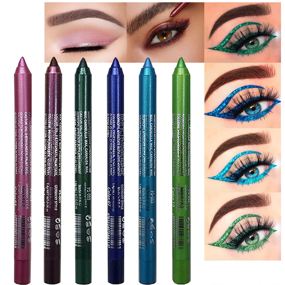 evpct 6Pcs Blue Colored Glitter Eyeliner Pencils Set,Dark Light Blue Green Purple Red Pink Metallic Colorful Liquid Eye Liner Set Women Waterproof