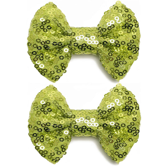 KISZU 3 Inch Glitter Hair Bows Clips, Sparkling Sequin Little Bow HairPins for Baby Girls Children Teens and Women (Apple Green)