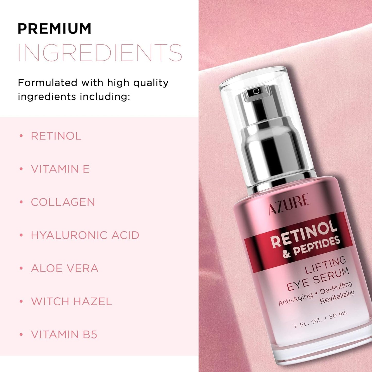 AZURE Retinol & Peptides Lifting Eye Serum - Anti Aging, De-Puffing & Revitalizing Dark Circle Corrector - Reduces Wrinkles, Fine Lines & Under Eye Bags - Skin Care Made in Korea - 30mL - 2 pack.