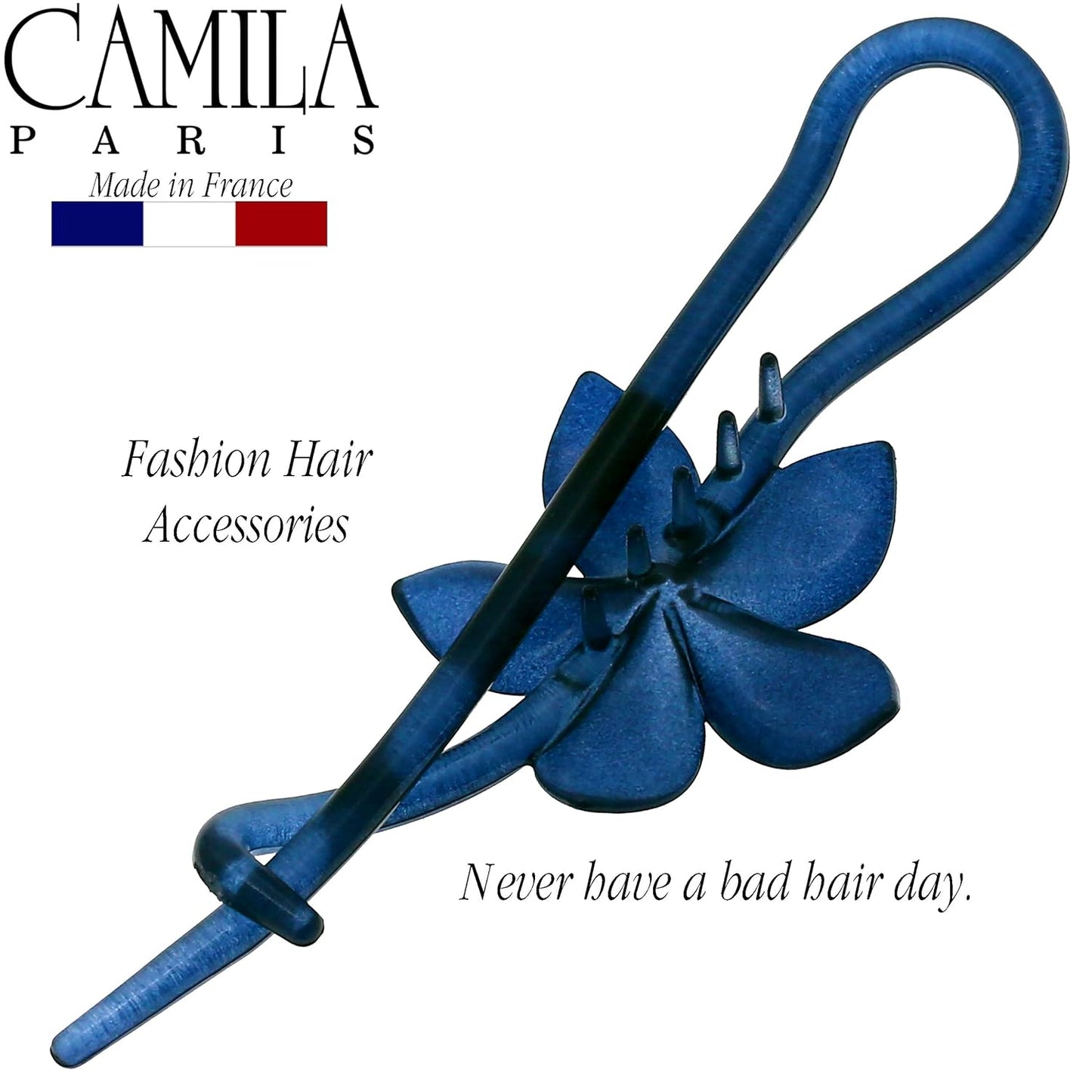 Camila Paris CP3194 French Hair Barrette Pin Clips for Girls, Flower, Blue, No Metal Parts, Strong Hold Grip Hair Clips for Women, No Slip and Durable Styling Girls Hair Accessories, Made in France