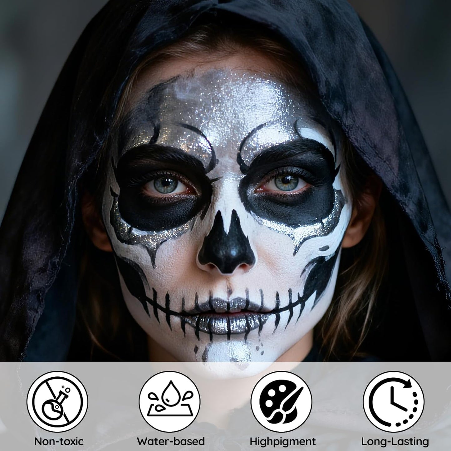 Halloween for Skeleton Makeup Kit, Professional Halloween SFX Makeup Set for Skeleton Costume, Water-Based Face Paint Set with Black White SilverFace Paints, for Cosplay, Costume Party