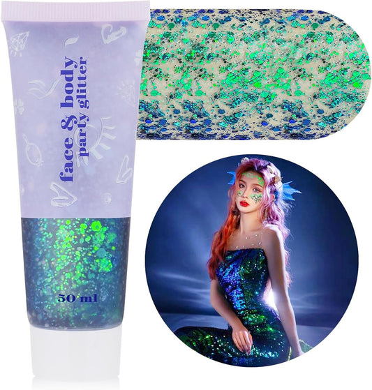 MEICOLY Chameleon Green Face Body Glitter,St Patricks Day Accessories,Color Changing Mermaid Face Glitter,Chunky Glitter Face Paint for Face Body Hair,Festival Rave Outfits Accessories for Women
