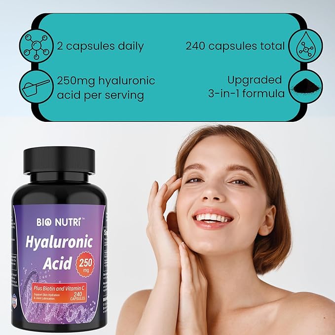 Hyaluronic Acid Supplements - 250mg Pure Hyaluronic Acid with Vitamin C & Biotin - Hyaluronic Acid Capsules for Skin, Hair & Joint Support - 240 Capsules