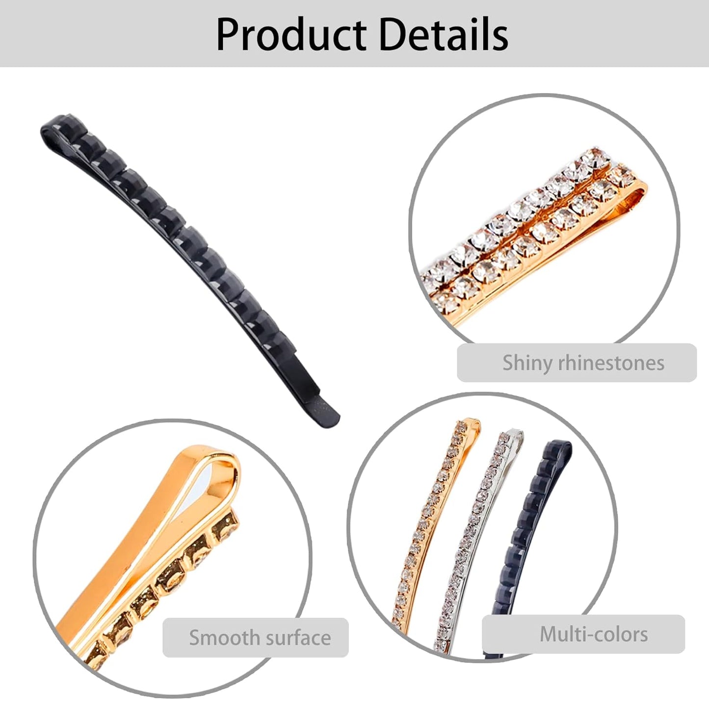 20PCS Rhinestone Bobby Pins, Metal Decorative Crystal Hair Clips, Shiny Hair Barrettes Hairpins, for Women and Girls Hair Styling Accessories, Gold, Silver, and Black