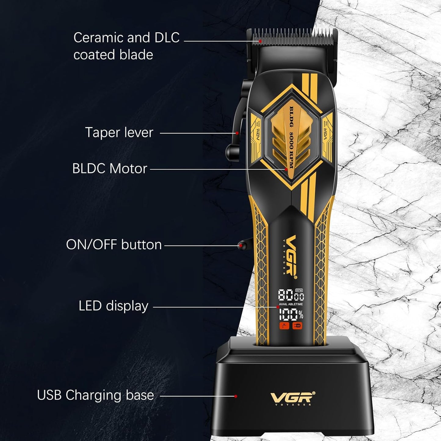 VGR 119 Professional Cordless Hair Clippers for Men, Rechargeable Barber Clippers with Base, Lithium-ion Battery Hair Cutting Machine with BLDC Motor and Ceramic Blades for Home and Barber, Gold