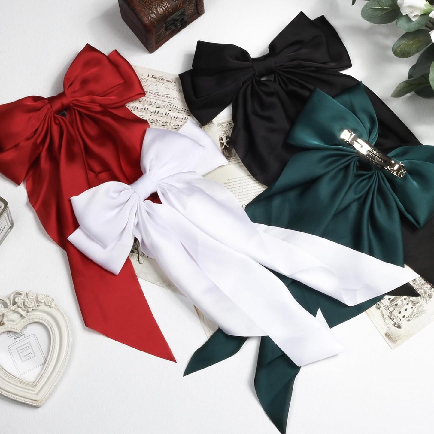 Silky Satin Hair Bows - 4PCS Ribbon Bows for Women & Girls, Big Bow Hair Clips with Long Tail, Barrettes - Cute Hair Accessories Gifts (Black, Red, Green, White)