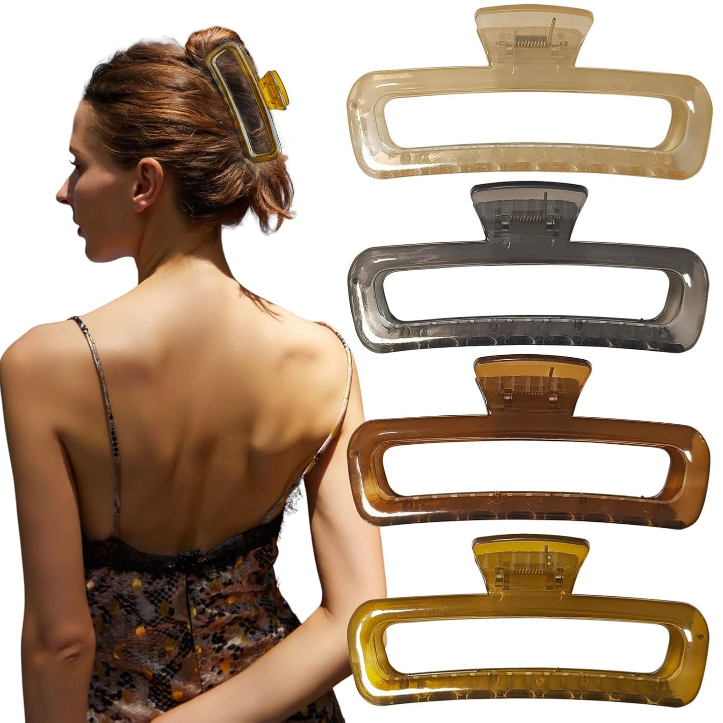 5 Inch Large Hair Claw Clips, No Slip Glossy Jelly Square XL Clips for Thick Long Curly Hair, Women's Big Rectangle Strong Clips, 4 Pack