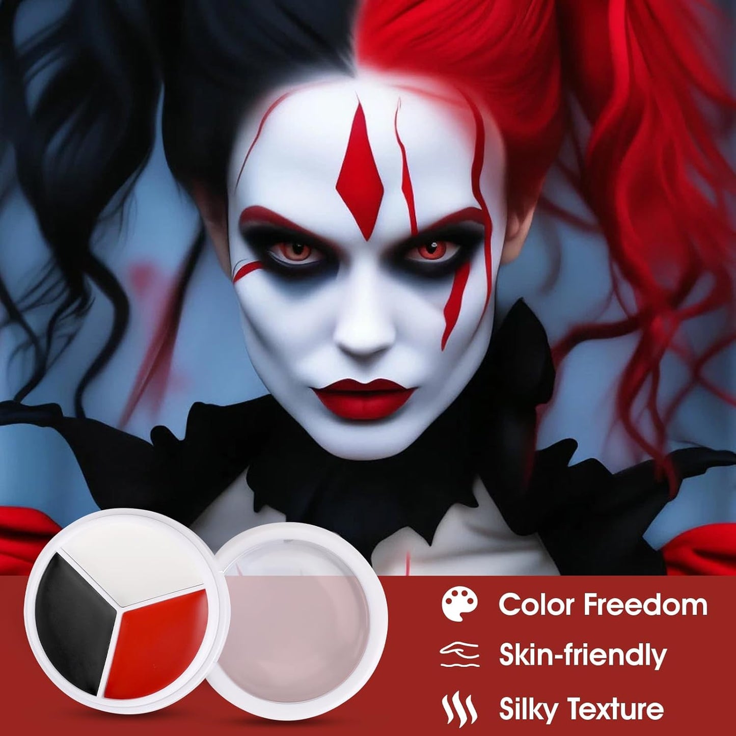 3 Colors Face & Body Paint [Black, White, Red] + 3pc Sponge & Brush, Baseball Eye Black for Sports Face-Painting, Halloween Makeup Kit for Zombie, Clown, Vampire, Skeleton, Joker Costume Makeup