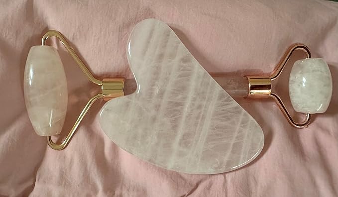 Natural Rose Pink Quartz Facial Massage Roller with Gua Sha