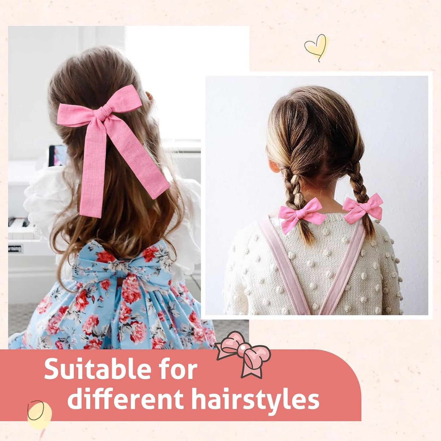 DEEKA Hot Pink Cotton Linen Hair Bows 2 Sizes 5"&3.5" Soft Hair Bow set for Toddler Girls Long Ponytail Knot Bows Alligator Clip Hair Accessories for Little School Girls (Hot Pink)