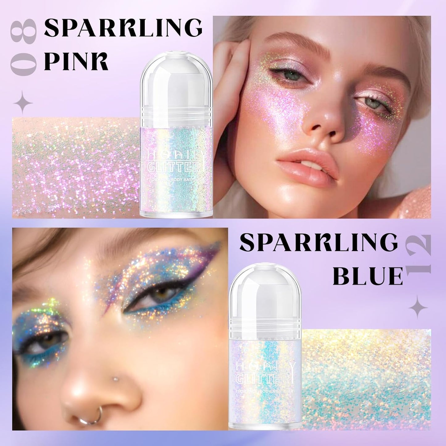 2 Colors Roll-on Body Glitter Gel, Holographic Glitter Gel Under Light for Face Hair, Body Shimmer for Rave Accessories Christmas New Year Halloween Makeup (8+12)