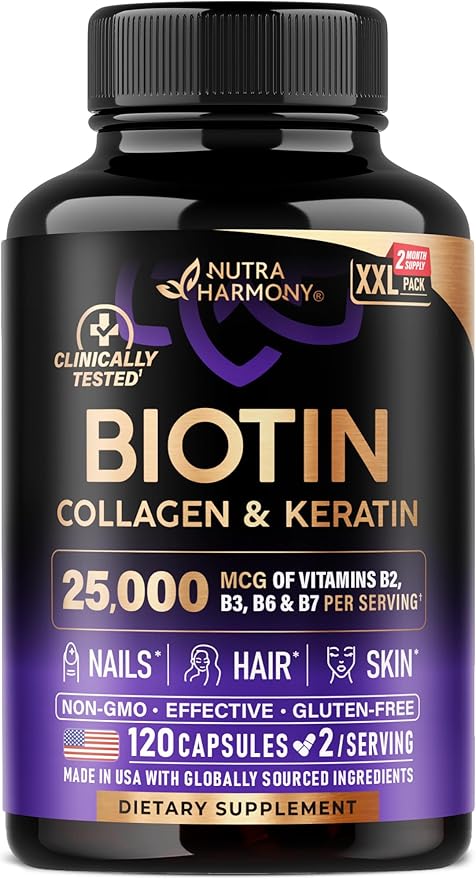 Biotin | Collagen | Keratin - Clinically Tested Supplement - Hair Growth Support, Skin & Nails - 25000 mcg Vitamins B2, B3, B6 & B7 + B1 & Hyaluronic Acid - Made in USA - Women & Men | 120 Capsules