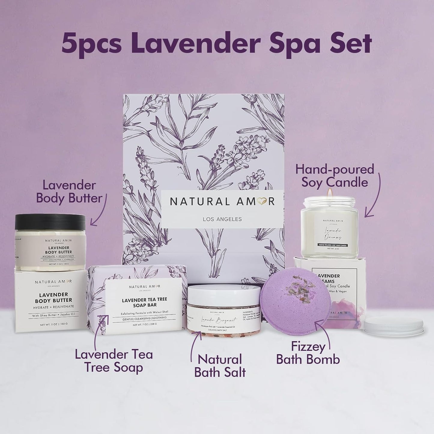 Natural Amor 5-Piece Lavender Spa Gift Set – Bath Bomb, Body Butter, Bar Soap, Bath Salt, Candle – Relaxing Self Care Kit for Women – Gift Box for Birthday, Thank You, Get Well