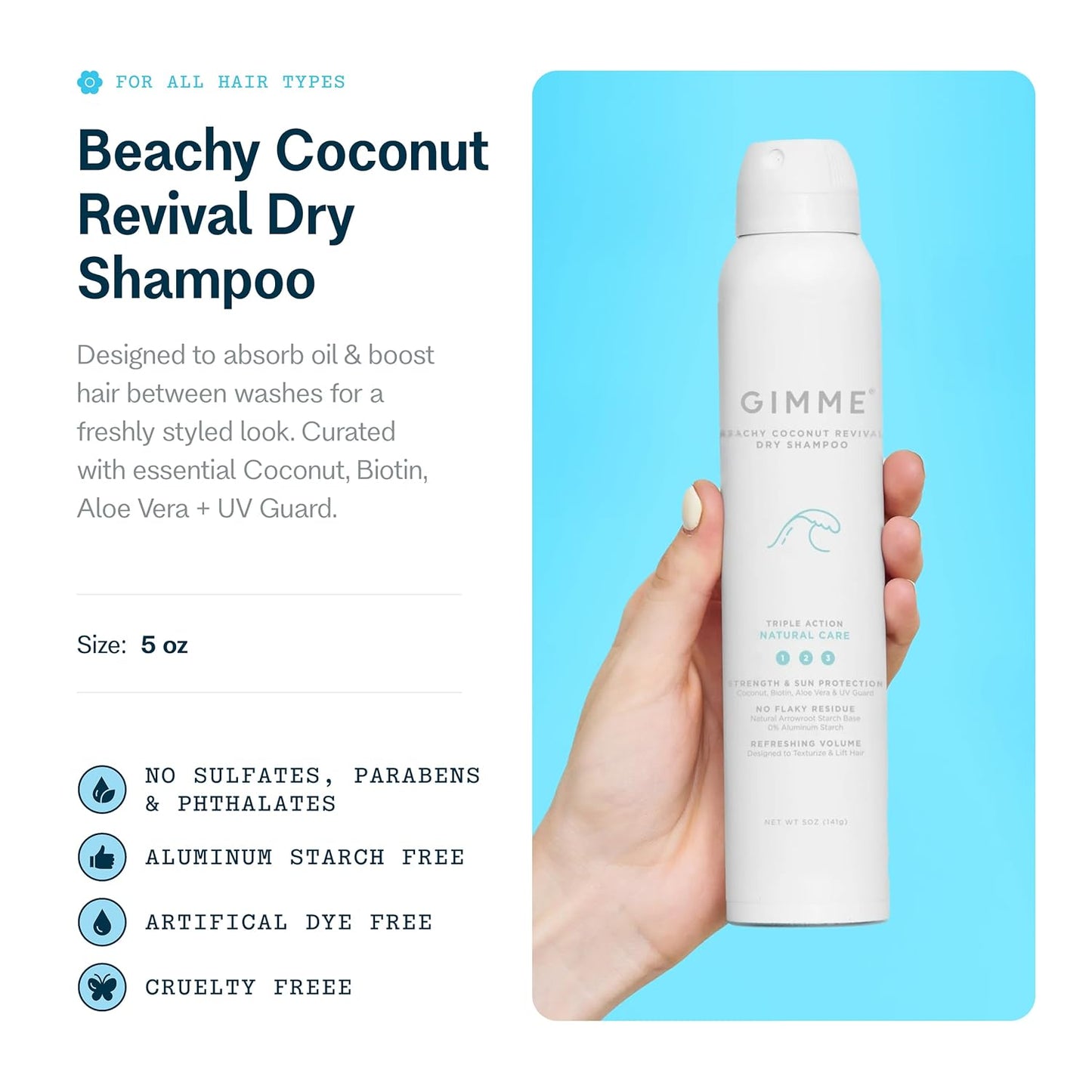 GIMME Beauty Dry Shampoo - For All Hair Types, Including Blonde - With Biotin, Aloe Vera & Keratin - Sulfate & Paraben Free with Sun Protection - Coconut Beachy Revival