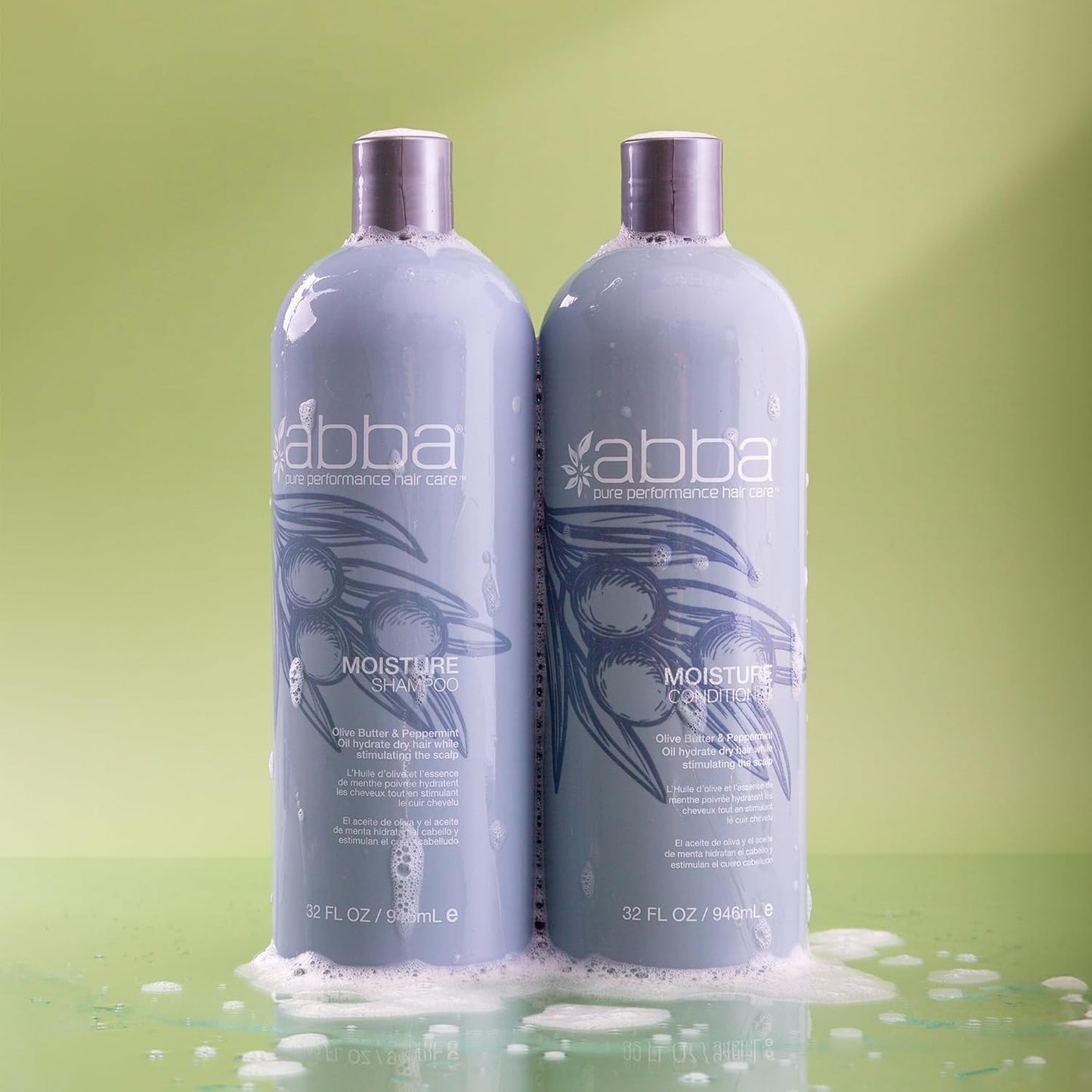 ABBA - Pure Moisture Shampoo & Conditioner Duo - Eliminates Frizz Cleanses, Hydrates & Strengthens Hair- Olive Butter & Peppermint Oil, 32 fl oz Each